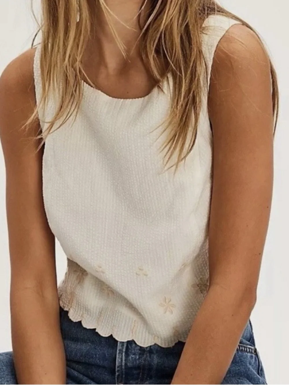 Free People Large Top Kayla Solid Embroidered Top Ivory Combo 100% Cotton Lined